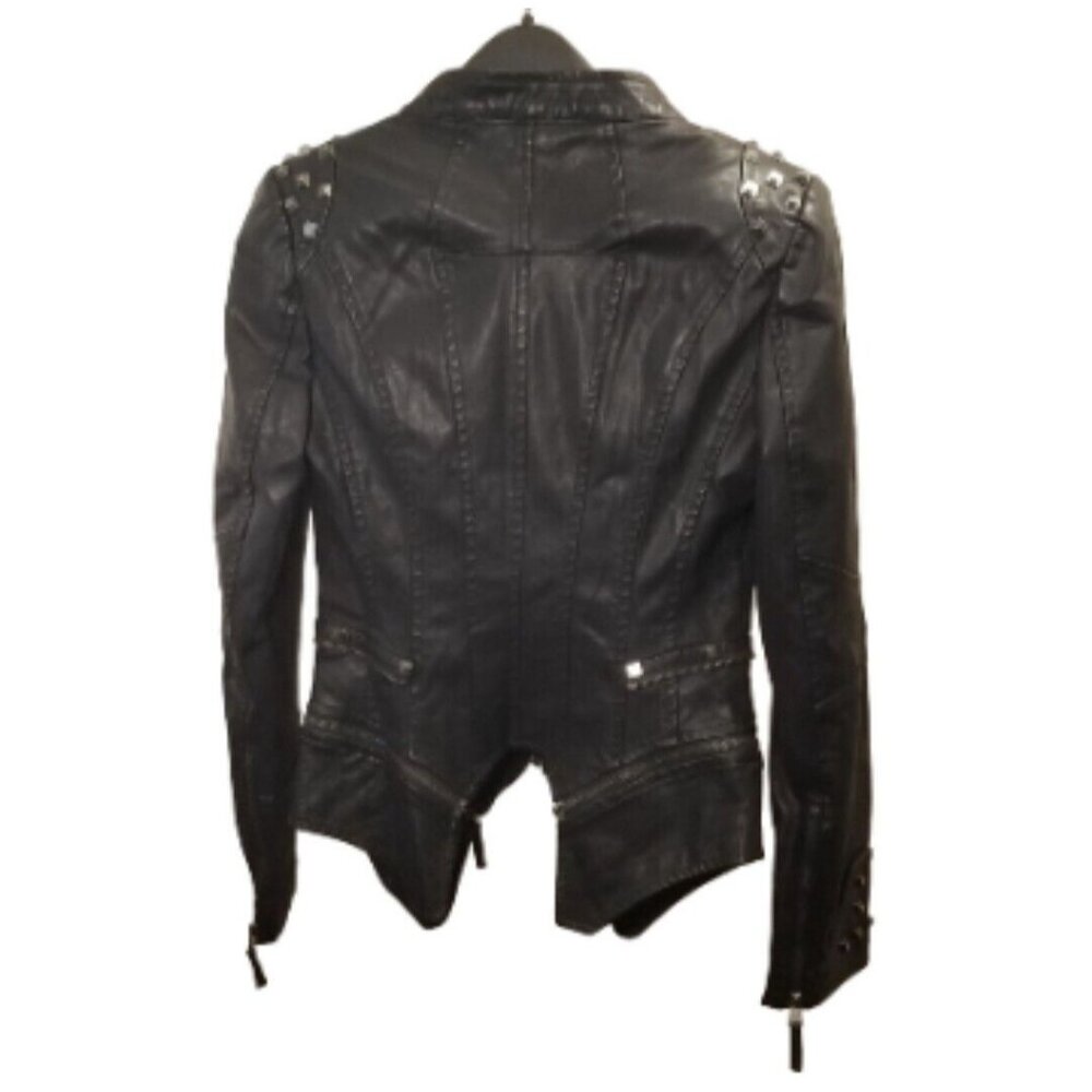 SX Womens Motorcycle Jacket Size XS Black Studded Faux Leather Full Zip Pockets - Picture 3 of 9